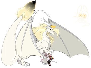 4:3 absurd_res alpha_channel blonde_hair cil_blissloom_(succubusbnny) clothing dragon dress duo european_mythology fangs flower hair hi_res kan'vi long_hair mammal melee_weapon mythological_creature mythological_scalie mythology pink_body plant plump_lower_lip ponytail scales scalie short_stack succubusbnny sword teeth weapon western_dragon white_body