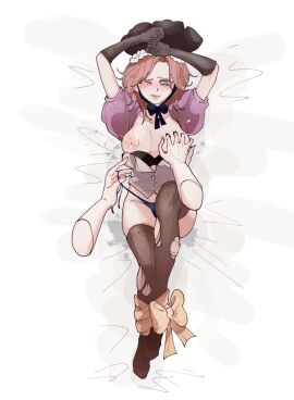 1girls ankles_tied arms_above_head black_bra black_panties bowtie bra bra_pull breasts brown_hair detached_sleeves disembodied_hand female gloves identity_v lactation lying medium_breasts nipples on_back panties pk_(artist) thighhighs torn_legwear underwear vera_nair