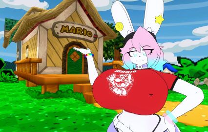 1boy animal_ears big_breasts blue_hair breasts busty_male furry gradient_hair huge_breasts male male_with_breasts mario_(series) original paper_mario peanut_butter_(theycallhimcake) pink_hair print_shirt rabbit rabbit_ears red_shirt theycallhimcake vrchat
