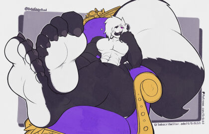 0r0ch1 1boy 2025 5_toes abs artist_signature barefoot big_thighs buff clawed_feet claws fangs feet femboy foot_fetish lipstick looking_at_viewer male muscular muscular_femboy muscular_male purple_eyes sitting skunk tail thick_thighs throne tufted_hair voluptuous_male wide_hips