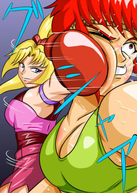 2girls ayane's_high_kick ayane_mitsui belly belly_punch big_breasts blonde_hair boxing_gloves breasts catfight colored doujin doujinshi duo female female_focus female_only fight fist gloves large_boobs large_breasts multiple_females multiple_girls red_boxing_gloves red_eyes red_gloves red_hair ryona sakurako_miyagawa