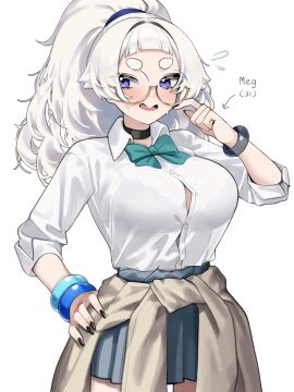 1girls aqua_bow aqua_bowtie black_choker black_nails blunt_bangs blush bow bowtie bra_visible_through_clothes bracelet breasts brown_cardigan button_gap cardigan cardigan_around_waist chair choker clothes_around_waist collarbone commentary desk female fingernails flying_sweatdrops glasses grey_skirt hair_ornament hand_on_own_hip highres jewelry large_breasts long_hair long_sleeves looking_to_the_side meg_(wakamepiza) miniskirt multiple_bracelets nail_polish open_mouth original pleated_skirt ponytail round_eyewear shirt_tucked_in short_bangs short_eyebrows simple_background skirt sleeves_rolled_up solo sweat sweater_around_waist thick_eyebrows wakamepiza white_background white_hair yellow-framed_eyewear