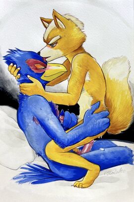 2boys anal anal_sex anthro avian bed bird blush bodily_fluids canid canine caressing closed_eyes duo falco_lombardi fox fox_mccloud furniture gay handjob hi_res licking male male/male mammal nintendo nude penetration penile penis pillow sex smile star_fox sweat tongue ulala_ko