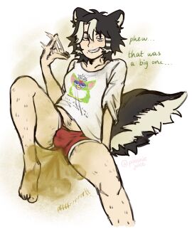 ambiguous_gender androgynous animal_ears animal_humanoid baggy_clothing baggy_shirt bags_under_eyes barefoot black_hair booty_shorts breasts bulge bulge_through_clothing bulge_under_clothes dialogue dirty_clothing dyed_hair english_text eye_contact fanning_self fart fart_cloud fart_fetish farting feet female femboy hairy hairy_legs happy_trail kallie_(poochiejuice) leg_hair male male_focus male_only medium_breasts oc onomatopoeia poochiejuice precum_through_clothing red_shorts shart sharting shorts skunk skunk_boy skunk_ears skunk_girl skunk_tail slob small_breasts smelly smug smug_face smug_grin spread_legs stain text text_on_clothing text_on_shirt text_on_topwear thighs tomboy tomgirl