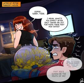 1boy 1girls 2024 ass big_ass blue_eyes blush bracelet brown_hair bulge buttjob fart fart_cloud fart_fetish fart_on_dick farting farting_on_lap fartjob female freckles green_eyes grimace jeans male marvel marvel_comics mary_jane_watson moon oddtenn penis peter_parker red_hair sitting_on_lap sitting_on_person sound_effects speech_bubble spider-man spider-man_(series) sweatdrop television tenuousoddity text text_bubble thought_bubble year