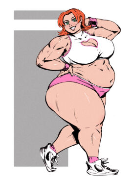 1girls bbw big_breasts big_thighs bimbosparkle boob_window breasts chubby chubby_female deviantart_link fat fat_belly fat_female female female_focus female_only green_eyes hot_pants looking_at_viewer musclegut muscular muscular_arms muscular_calves muscular_female muscular_thighs nora_valkyrie obese obese_female posing_for_the_viewer red_hair rwby short_hair short_shorts smiling sneakers strongfat thick_thighs thunder_thighs