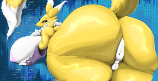absurd_res anthro anus areola ass bandai_namco big_ass big_breasts big_butt black_eyes breasts canid canine clothing digimon digimon_(species) digital_media_(artwork) female fox fur genitals hi_res looking_at_viewer mop_(artist) nipples nude presenting presenting_hindquarters puffy_anus pussy renamon solo tail text thick_thighs white_body yellow_body