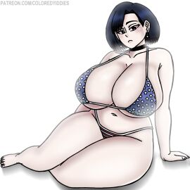 1girls 4th_of_july american_flag_bikini bikini breasts choker cleavage coloredyiddies female flag_bikini flag_print gigantic_breasts lei_(coloredyiddies) light-skinned_female light_skin looking_at_viewer pale-skinned_female pale_skin posing posing_for_picture simple_background sitting solo white_background