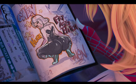 1girls ass big_ass blonde_hair book female gwen_art_check gwen_stacy light-skinned_female light_skin llamaboy looking_back marvel marvel_comics meme smile spider-gwen spider-man spider-man:_across_the_spider-verse spider-man_(series) squatting superhero superhero_costume superheroine twerking