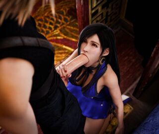 1boy 1girls 3d 3d_(artwork) :>= black_hair blonde_hair blowjob blue_dress bwc clothed_sex cloud_strife cyberbolt fellatio final_fantasy_vii final_fantasy_vii_remake grabbing_penis hi_res highres huge_cock indoors kneeling large_penis long_hair on_knees penis_out sex spiky_hair square_enix straight tifa_lockhart very_high_resolution