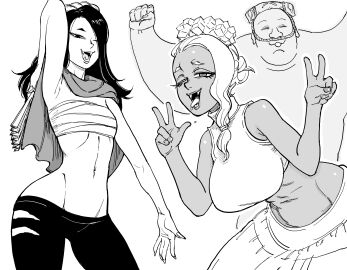 1boy 2girls absurdres arm_up armpit_crease armpit_peek armpits bb_(baalbuddy) big_man_(splatoon) bootleg_big_man breasts double_v fat_male female female_focus frye_(splatoon) greyscale highres hip_dips humanized male medium_breasts midriff monochrome multiple_females multiple_girls navel nintendo one_eye_closed one_eye_covered open_mouth original sarashi shiver_(splatoon) sleeveless small_breasts splatoon splatoon_(series) splatoon_3 tongue tongue_out