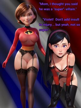 bald_pussy bending_over big_breasts brown_eyes hairless_pussy helen_parr humiliating lingerie mother mother_and_daughter no_bra no_panties no_pants no_top purple_eyes purple_hair see-through_clothing small_breasts smooth_skin superheroine violet_parr