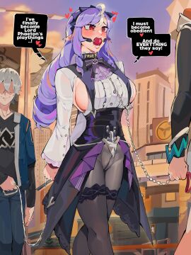 1boy 2girls absurdres ahoge ascot ball_gag belle_(zenless_zone_zero) bisexual_female blue_hair blush bondage bound bow bowtie breasts center_frills chain_leash chains diforland drill_hair faceless faceless_male frills gag gagged grey_hair highres holding holding_leash jacket large_breasts leash long_hair long_sleeves mole mole_under_eye multicolored_hair multiple_girls no_panties open_mouth pantyhose patterned_legwear pointy_ears purple_ascot purple_bow purple_bowtie purple_hair red_eyes shirt short_hair shrug_(clothing) sideboob sideboob_cutout streaked_hair vivian_banshee white_shrug wise_(zenless_zone_zero) zenless_zone_zero