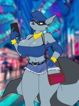 bra breasts bushy_tail busty cleavage dracojeff female gloves milf phone procyonid protruding_breasts raccoon rule_63 short_jeans shoulder_bag sly_cooper sly_cooper_(series) sony_interactive_entertainment sucker_punch_productions tail thick_thighs