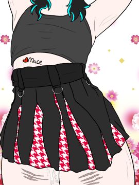 armpits arms_behind_head arms_up black_hair blue_highlights crop_top digital_drawing_(artwork) dripping_cum dripping_semen no_head original_character pale_skin scratch_marks scratches scratching self_harm_scars shaved_armpit showing_belly skirt skirt_around_belly skirt_down stretch_marks thick_thighs