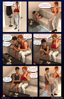 3d comic comic_page english_text female futanari intersex red_hair speech_bubble taco_comix taller_female underwear