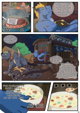 anthro beast_(disambiguation) buldge_slayer buldge_slayer_2 chest_markings claws collar comic cooking cutlery duo english_text femboy flaccid food genitals girly hi_res horn kitchen_utensils lizard lying male markings meat mohawk mounts nipples nude page_26 page_number paws penis rawa reading relaxing reptile resting samaraka scalie skorn solo soup spoon tail text tools wagon