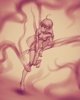 1girls 1monster blurry_foreground bra bra_pull celeste_(game) crying digital_media_(artwork) female imminent_tentacle_rape jearz long_hair madeline_(celeste) monochrome one_leg_raised panties panty_pull tentacle tentacle_monster trans_woman transfem underwear_only undressing