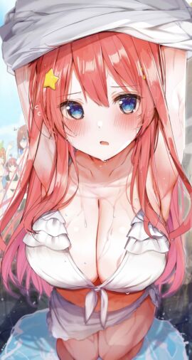 4girls absurd_res absurdres armpits arms_above_head arms_up bare_armpits bare_arms bare_belly bare_chest bare_hands bare_hips bare_knees bare_legs bare_midriff bare_navel bare_shoulders bare_skin bare_thighs bare_torso belly bikini bikini_bottom bikini_only bikini_top blue-eyed_female blue_eyes blue_sky blush blush_lines blushing_at_viewer blushing_female breasts cleavage clouds collarbone day daytime dot_nose dripping_wet embarrassed_female eyebrows_visible_through_hair female female_focus female_only go-toubun_no_hanayome hair_between_eyes hair_ornament half_naked hands_above_head hands_up high_resolution highres knees large_breasts legs legs_together light-skinned_female light_skin long_hair looking_at_viewer multiple_females multiple_girls nakano_itsuki nakano_miku nakano_nino nakano_yotsuba naked naked_female nude nude_female open_mouth outdoor_nudity outdoors outside parted_lips partially_submerged partially_submerged_legs red-haired_female red_hair rouka_(akatyann) shoulders siblings side-tie_bikini sky slender_body slender_waist slim_female slim_waist soaked soaked_clothes standing submerged_feet submerged_legs swimsuit swimwear thick_thighs thighs thin_waist tongue undressing undressing_self upper_body wet wet_belly wet_bikini wet_body wet_breasts wet_clothes wet_clothing wet_face wet_hair wet_legs wet_shirt wet_skin wet_thighs white_bikini white_bikini_bottom white_bikini_only white_bikini_top white_swimsuit white_swimwear