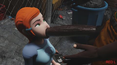 1boy 1girls 3d ben_10 breasts cartoon_network dark-skinned_male dark_skin fellatio female green_eyes gwen_tennyson gwen_tennyson_(classic) huge_cock interracial large_penis male oral_sex orange_hair penis red_l short_hair sucking_penis