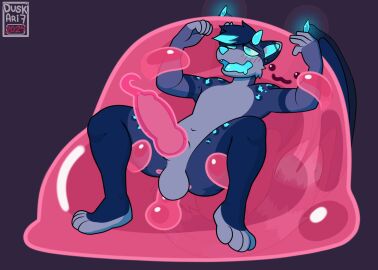 anal anal_sex animal_genitalia animated bat_wings blush blush_lines canid canine canine_genitalia duskari7 ear_piercing furry genitals goo_creature hi_res male male_only mammal membrane_(anatomy) membranous_wings penetration penis piercing slime slime_(blob) slime_penetration slime_penis wings