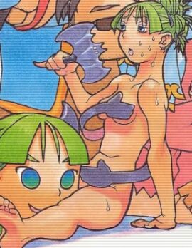 bare_legs capcom covered_nipples covering_crotch darkstalkers fan feet mascot mascot_head morrigan_aensland official_art sweatdrop sweating sweaty thighs