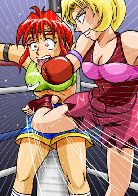 2girls ayane's_high_kick ayane_mitsui belly belly_punch big_breasts blonde_hair boxing_gloves boxing_ring breasts catfight colored crying crying_with_eyes_open doujin doujinshi duo female female_focus female_only fight fighting_ring fist gloves large_boobs large_breasts multiple_females multiple_girls red_boxing_gloves red_eyes red_gloves red_hair ryona sakurako_miyagawa solar_plexus tears tears_of_pain