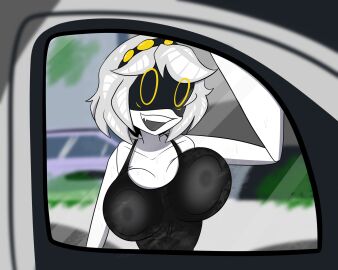 1girls 2d :d against_glass big_breasts biggestfanart breast_press breasts car car_wash female female_only glitch_productions humanoid metal_breasts murder_drones nipples_visible_through_clothing robot robot_girl robot_humanoid screen_face short_hair solo v_(murder_drones) white_hair yellow_eyes yellow_lights