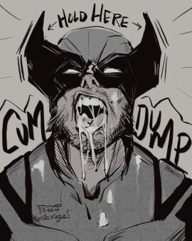 after_fellatio after_oral bara blowjob_handles cum_in_mouth deadpool_&_wolverine_(2024) fangs gay male male_only marvel marvel_comics masked_male monochrome ponderosa sharp_canines sharp_teeth solo solo_male wolverine_(x-men) yaoi