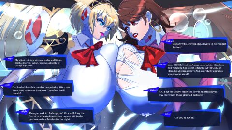 2girls absurd_res aigis_(persona) android android_girl arguing argument atlus big_breasts blonde_hair blue_eyes blue_eyeshadow breast_focus breast_to_breast breasts breasts_bigger_than_head brown_eyes brown_hair cardigan catfight choker cleavage clothed competition earrings english_text female female_only fighting fully_clothed heart_choker hi_res hoop_earrings huge_breasts hyper_breasts insult lactation lactation_through_clothes large_breasts megami_tensei persona persona_3 pink_cardigan pink_lipstick pink_sweater red_eyeshadow red_lipstick ribbon robot robot_girl school_uniform sega staredown straining straining_buttons straining_clothing sweater text text_box xendrawsseggs xendrawsthings yukari_takeba