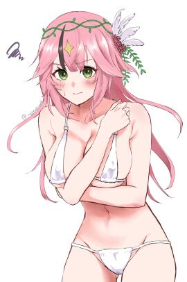 1103mochimochi blush breasts covering_breasts embarrassed female green_eyes lan_(tower_of_fantasy) pink_hair tower_of_fantasy underwear white_bra white_panties