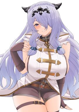 1girls absurdres alternate_costume black_gloves braid breasts camilla_(fire_emblem) cosplay crown_braid female female_only fingerless_gloves fire_emblem fire_emblem_fates genm7 gloves granblue_fantasy hair_color_connection hairstyle_connection highres large_breasts looking_at_viewer low-tied_sidelocks narmaya_(granblue_fantasy) narmaya_(granblue_fantasy)_(cosplay) nintendo parted_lips purple_eyes purple_hair shorts sideboob sidelocks smile solo teeth thigh_strap tiara white_background
