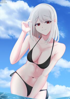 1girls absurd_res absurdres arm_up armpits bare_armpits bare_arms bare_belly bare_chest bare_hands bare_hips bare_legs bare_midriff bare_navel bare_shoulders bare_skin bare_thighs bare_torso belly belly_button bikini bikini_bottom bikini_only bikini_top black_bikini black_bikini_bottom black_bikini_only black_bikini_top black_string_bikini black_swimsuit black_swimwear blue_sky breasts cleavage clouds collarbone day daytime dot_nose elbows exposed exposed_armpits exposed_arms exposed_belly exposed_breasts exposed_legs exposed_midriff exposed_shoulders exposed_thighs exposed_torso female female_focus female_only fingernails fingers groin half_naked hand_between_legs hand_on_hair hand_on_head hand_on_leg hand_on_own_hair hand_on_own_head hand_on_own_leg hand_on_own_thigh hand_on_thigh hand_up head_tilt high_resolution highres hourglass_figure kiri_yukino legs light-skinned_female light_skin long_hair looking_at_viewer medium_breasts nail nail_polish naked naked_female navel nude nude_female ocean outdoors outside pink_fingernails pink_nail pink_nail_polish red-eyed_female red_eyes sea seaside shoulders side-tie_bikini simple_background sky slender_body slender_waist slim_female slim_waist smile smiling_at_viewer solo standing string_bikini swimsuit swimwear thick_thighs thighs thin_waist tilted_head upper_body v-line white-haired_female white_eyebrows white_hair wide_hips