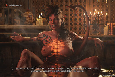 1girls 3d baldur's_gate_3 bath bathing bathing_together bathtub breasts english_text fantasy female horns karlach looking_at_viewer naked naked_female nipples nude nude_female pov pov_eye_contact red_skin shared_bathing tail text tiefling waywardsfm