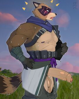 anthro balls belt big_penis blush bodily_fluids bottomwear bottomwear_down brown_body brown_fur canid canine clothed clothing cloud erection eye_scar facial_scar foreskin fortnite fur gay gay_anal gay_male gay_sex genital_fluids genitals hajime_(fortnite) hand_on_hip hi_res homosexual homosexual_male humanoid_genitalia humanoid_penis male male/male male_penetrated mammal muscular muscular_male pants pants_down partially_clothed pecs penis precum raccoon_dog scar shirtless side_view skimpy sky solo solo_male standing sweat tanuki uncircumcised utility_belt xerun
