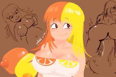 0rzylem0nz breasts female huge_breasts newt0nc0w nipples nude nyut0nushi orange_hair original original_character parody parody_porn red_eyes self_upload yellow_hair