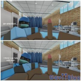 3d black_penis brown_skin daviiblue erect_penis erection gay gay_blowjob hospital hospital_bed laying_on_bed looking_at_penis male penis pov roblox roblox_avatar robloxian toony twitching worried_expression