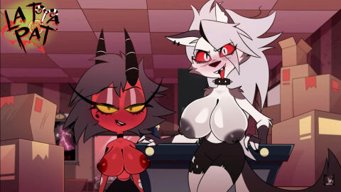 2girls accurate_art_style ass big_ass big_breasts big_hips big_tits black_hair blush breasts color couple dark_nipples female full_body furry grey_hair helluva_boss horny la_tiapat looking_at_viewer loona_(helluva_boss) millie_(helluva_boss) red_nipples red_skin shorts shortstack thick_thighs tongue tongue_out topless vivziepop white_hair wolf