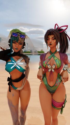 2girls 3d aisloppytoppy beach bikini bikini_bottom bikini_top female female_only luna_snow luna_snow_(cool_summer) luna_snow_(marvel_rivals) marvel marvel_comics marvel_rivals psylocke psylocke_(sai)_(breezy_butterfly)