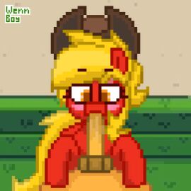 animated artist_name artist_signature blowjob blush closed_eyes cowboy_hat eyelashes eyeshadow feral hat horse horse_penis horsecock my_little_pony on_couch orange_eyes penis pixel_art pony pony_town red_body red_eyeshadow red_fur red_skin self_upload unknown_character wennboy yellow_hair yellow_tail
