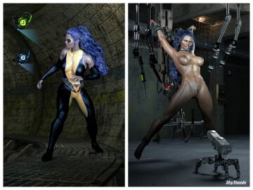1girls 3d artist_name before_and_after bondage bound bound_ankles bound_wrists completely_nude dark-skinned_female dark_skin female nude nude_female original original_character purple_hair shytimide superheroine