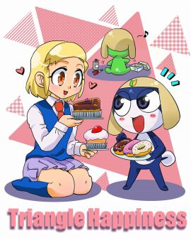2boys angol_mois blonde_hair cake dark_skin doughnut english_text female food gyaru hair_ornament hairclip heart keroro keroro_gunsou male multiple_boys multiple_males not_porn school_uniform sfw tamama