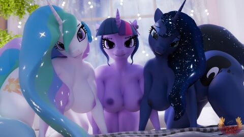 16:9 3d_(artwork) 4k absurd_res all_fours anthro areola big_breasts biped blue_body breasts digital_media_(artwork) equid equine eyelashes female friendship_is_magic front_view group hasbro hi_res horn looking_at_viewer loveslove mammal multicolored_hair my_little_pony mythological_creature mythological_equine mythology nipples nude princess_celestia_(mlp) princess_luna_(mlp) pupils purple_body sibling sister sisters smile thick_thighs three-quarter_view trio twilight_sparkle_(mlp) unicorn white_body widescreen window