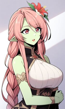 admission_is_a_waste_of_time ai_generated big_breast clothed_breasts flower_in_hair green_skin yumina(character)