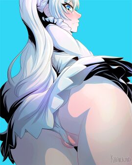 1girls ass ass_focus ass_view back_view big_pussy blue_eyes cameltoe female female_focus female_only image_set khartemis looking_down low-angle_view puffy_pussy pussy rooster_teeth rwby solo solo_female solo_focus tagme upskirt viz_media weiss_schnee white_hair white_panties