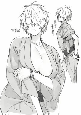 arm_under_breasts big_breasts breasts cleavage cute_fang female female_only gegege_no_kitarou genderswap genderswap_(mtf) hair_over_one_eye japanese_clothes kimono kitarou_tanjou_gegege_no_nazo kngr_dappou medama_oyaji_(human) monochrome no_bra rule_63 short_hair smile solo very_short_hair