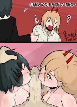 2girls about_to_cum artist_name balls big_penis blush chainsaw_man closed_eyes cock_worship completely_nude double_fellatio english_text enjoying eyepatch fellatio fit_female fit_male hand_on_head himeno_(chainsaw_man) imminent_cumshot kissing_penis licking_penis looking_at_viewer male_pov pov power_(chainsaw_man) precum sinandtonic_(artist) talking_to_partner teamwork thick threesome twitching_penis unseen_male_face