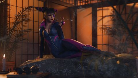 1girls 2024 3d alternate_version_available bangs black_hair breasts cigarette_holder cigarette_smoke cleavage crossed_legs detailed_background ears erect_nipples erect_nipples_under_clothes eyepatch feet_together female female_only fighting_gloves front_view full_body full_body_suit greengiant3d hair_drills hair_ornament holding_cigarette indoors juri_han laying laying_on_side leaning_on_arm leather_bodysuit legs_together lipstick long_legs looking_forward lounging makeup medium_breasts nipples nude_version_available one_eye_covered potted_plant purple_eyes red_eyeshadow red_lipstick slim_waist solo street_fighter street_fighter_v tall tall_female tied_hair tight_bodysuit tight_clothing toes unzipped unzipped_bodysuit