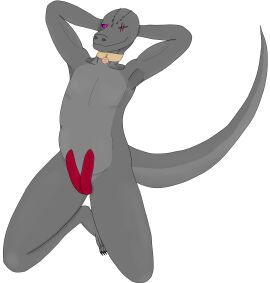 absurd_res anthro anthro_lizard arxur_(the_nature_of_predators) chubbly_thigh claw_marks collar genitals grey_body grey_scales hi_res male penis presenting purple_eyes red_penis scales screpter solo submissive submissive_male the_nature_of_predators vexor_(character)