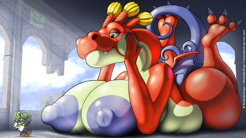 3_tails 3_toes anthro areola ass belly big_areola big_ass big_breasts big_butt big_nipples blue_claws blue_nipples blue_sky blue_tail bodily_fluids breasts breasts_on_ground castle claws curvy_figure digitigrade dragon duo european_mythology extreme_size_difference feet female hand_on_cheek hi_res hooktail huge_areola huge_breasts huge_nipples kayo_(knockedoutdragon) knockedoutdragon larger_female legs_up long_neck looking_at_another lying macro_female male male/female mario_(series) multi_tail mythological_creature mythological_scalie mythology nintendo nipples nude nude_female on_front original original_character paper_mario red_body red_scales scales scalie size_difference sky small_wings smiling_at_another surprised_expression sweat sweatdrop tail tan_body tan_scales thick_thighs toes western_dragon wings